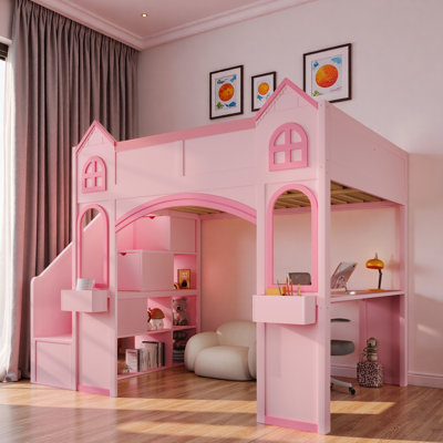 Wood Castle Loft Bed With Storage Staircase, Desk, Shelves And Led Light
