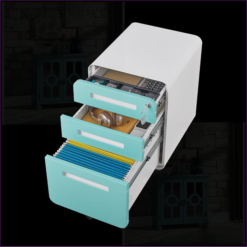 File Cabinets 3 Drawer Mobile Under Desk, Lockable Storage for Legal/Letter/A4 Files, 5 Wheel Anti-Tilting | Metal | Modern
