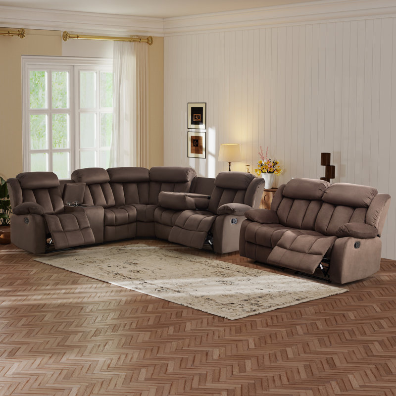 7 - Seater Corner Sectional Sofa With Functional Console & Manual Reclining Loveseat