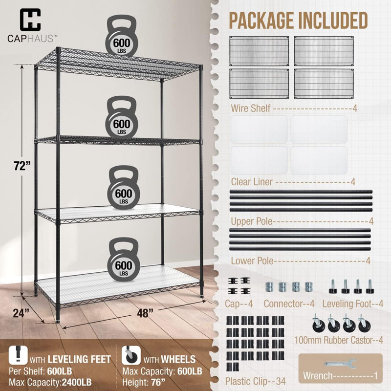 Étagère grillagée commerciale robuste à 4 niveaux avec roulettes, pieds de nivellement et doublures CAPHAUS NSF, 48 x 24 x 76