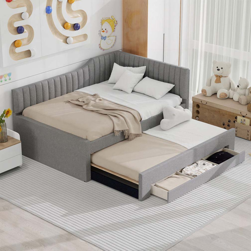 Upholstered Daybed with Trundle and Three Drawers, Full/Double, Gray