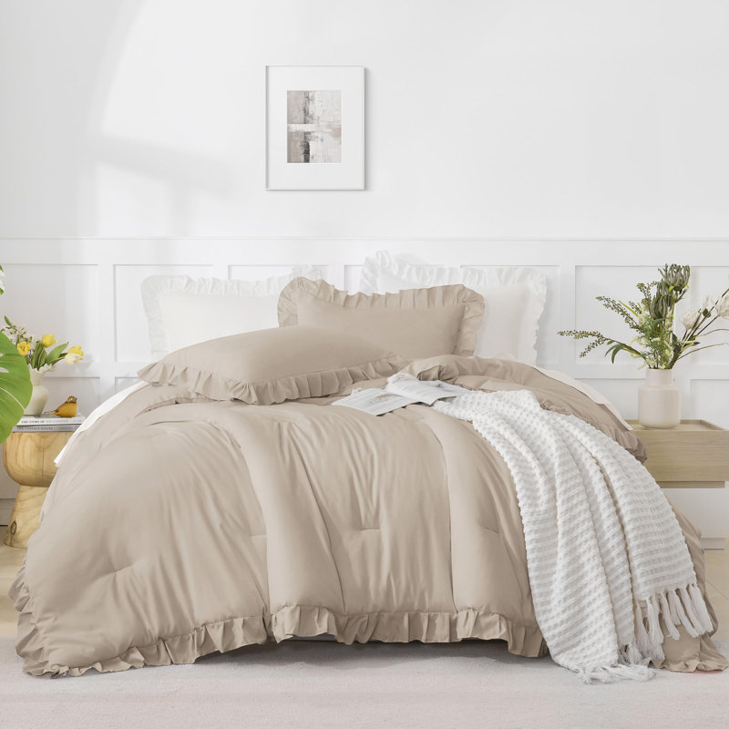 Andency Oversized King Comforter Set 120x98, 3 Pieces Ruffle Shabby Chic Famhouse Bedding Set, All Season Lightweight Fluffy Bed Set for Girls Women, Wheat