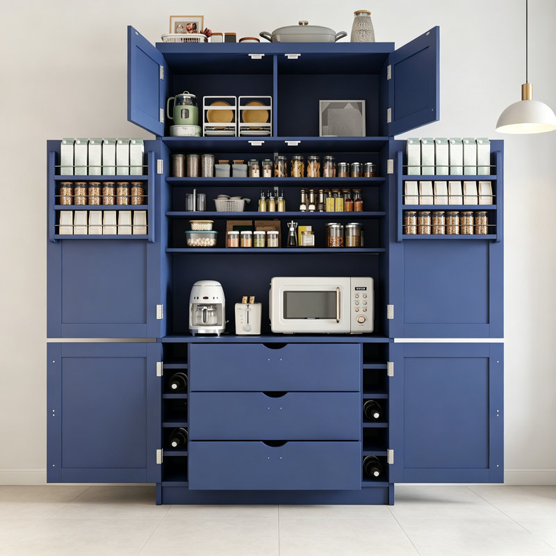 Grande armoire de rangement autoportante de style shaker avec 2 prises de courant, tablettes réglables et tablettes de porte