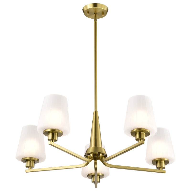 Lune - lustre - verre blanc gravé, 5 lumières, Laiton rétro, H 10,25 po x l 30 po x P 30 po