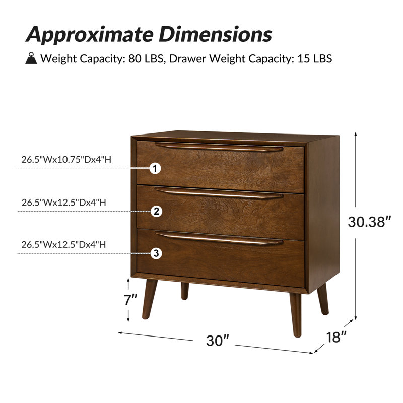 Corri 30" W 3-Drawer Accent Chest with Power Outlet, Walnut