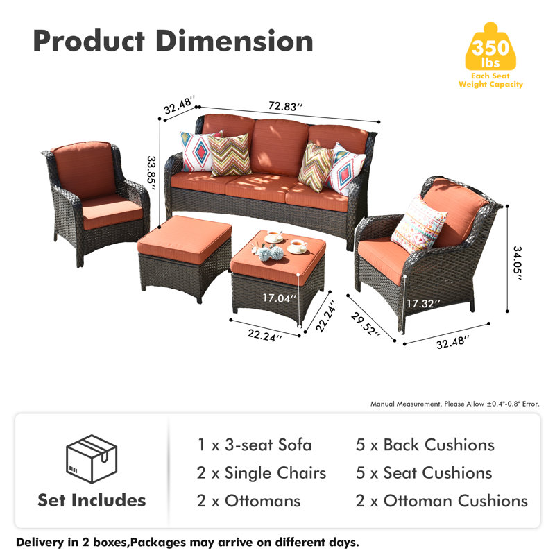 Ensemble de conversation avec canapé en rotin et coussins Tommy, Coussin orange rouge / cadre brun, Non