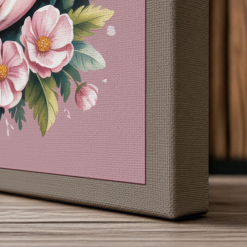 Floral Pig Portrait Boho 1 Piece Wrapped Canvas Wall Art, 24x16 - 61.0 x 40.6 cm, Taupe Border