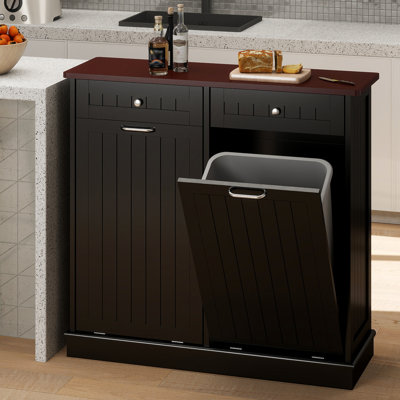 Armoire de recyclage basculante de 2 x 13 gallons, meuble de rangement en bois massif à 2 tiroirs et double compartiment pour la cuisine, la salle à manger ou la buanderie