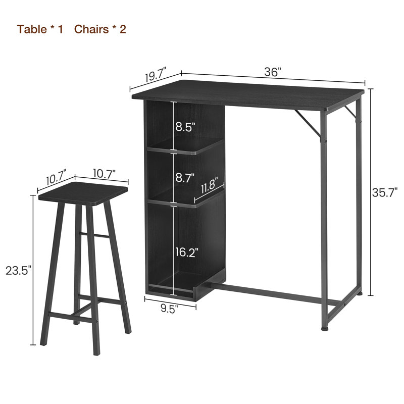 Small Dining Table Set For 2, 3-piece Bar Table Set With 3 Tier Storage Shelves, Black, Black