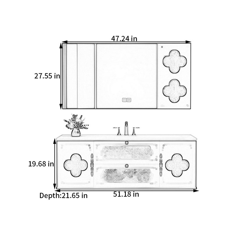 Armoire de salle de bain style français de luxe, Blanc, H 19,68 po x l 51,18 po x P 21,65 po