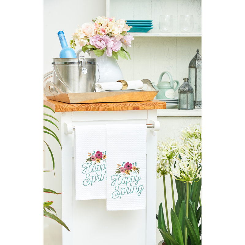 "Happy Spring" Embroidered Waffle Weave Kitchen Dishtowel