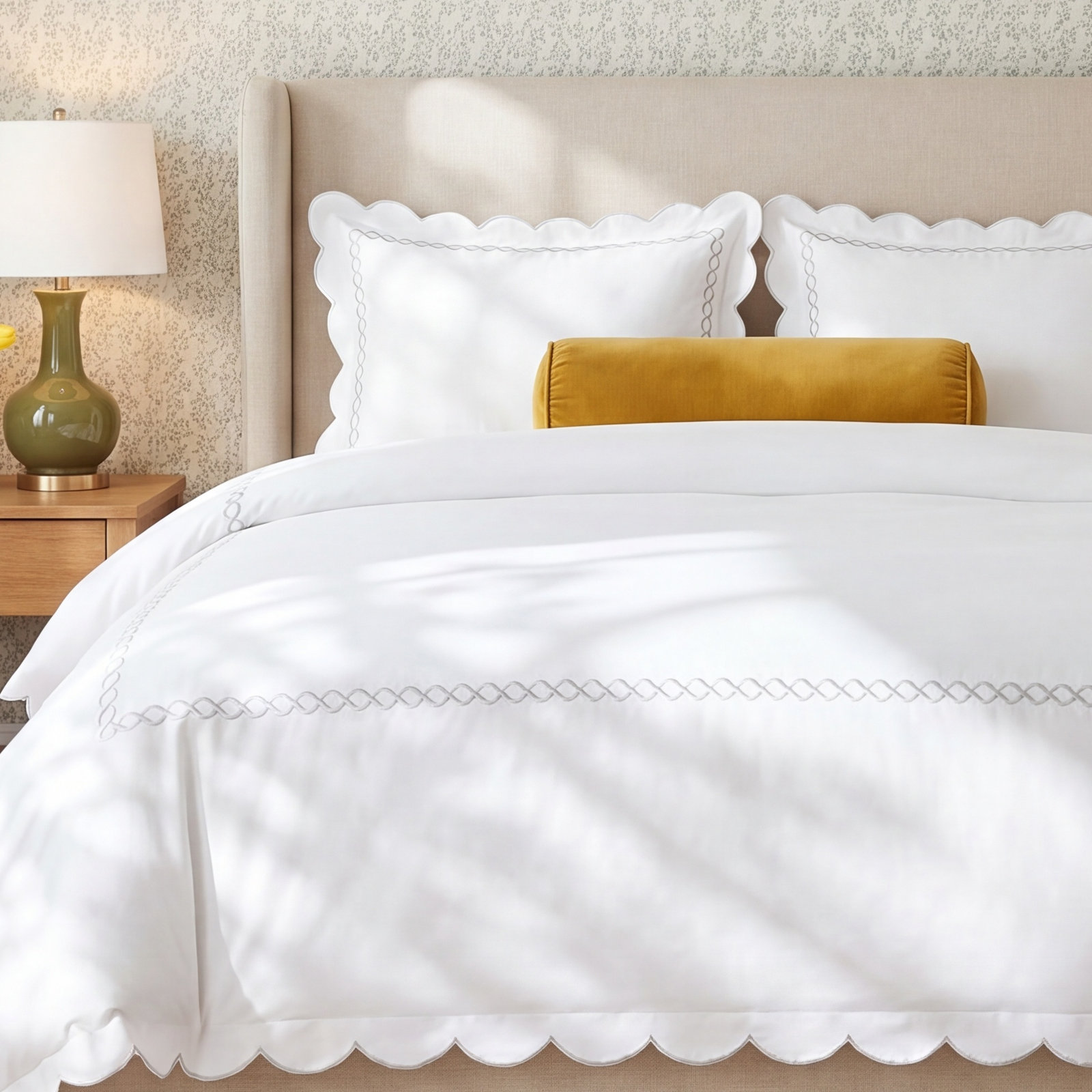 T600 SCALLOP ROPE DUVET SET, White, Queen Duvet Cover + 2 Standard Shams