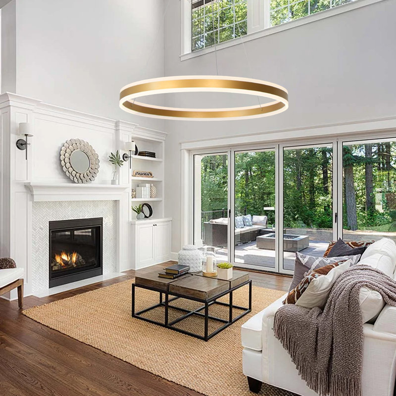 Dilnoza Ring Unique Wagon Wheel LED Pendant Modern Farmhouse Remote Dimming, Gold, 59" H x 31.4" W x 31.4" D