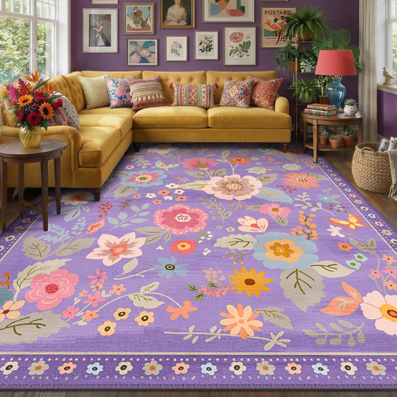 Floral 7 x 9 tapis lavables imprimé boho tapis mignon antidérapant fleur bas pour salon chambre cuisine bureau ferme - mauve / rose / multicolore