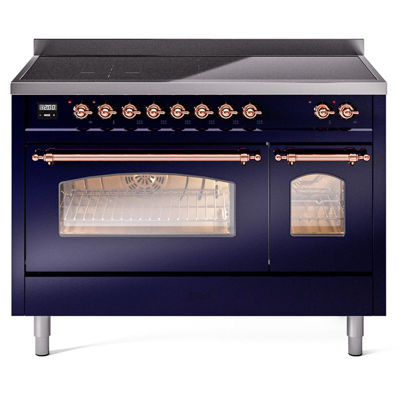 Cuisinière à induction 48 pouces avec 6 éléments à induction ILVE Nostalgie II Series (porte en verre), Bleu minuit / cuivre