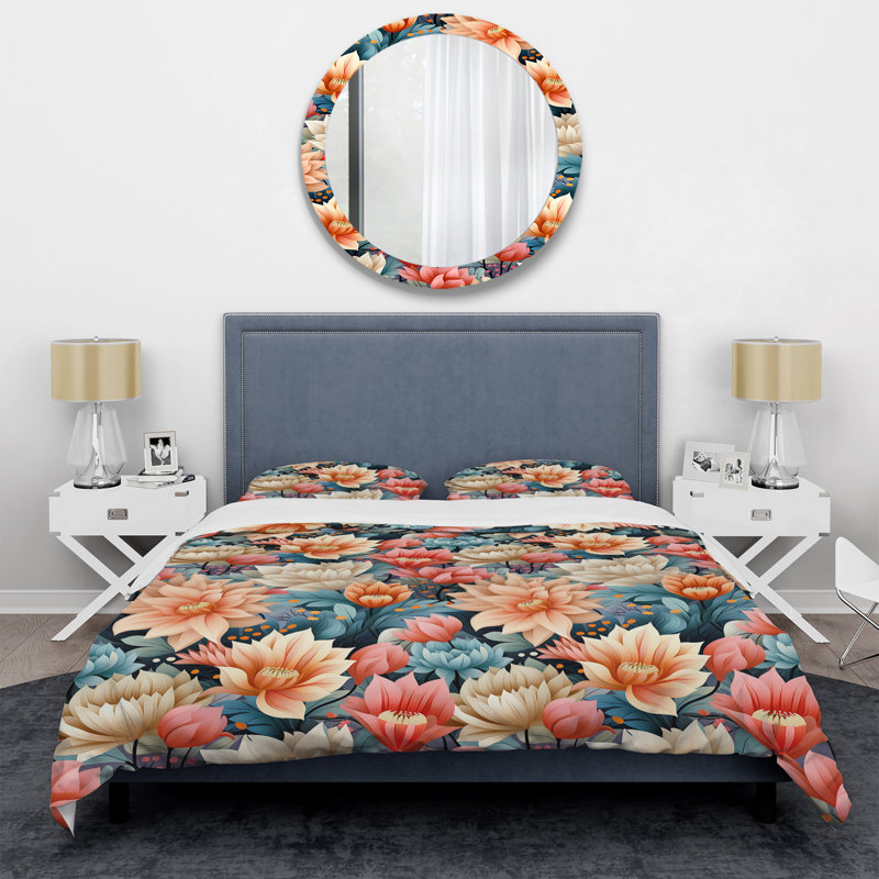 Ensemble de housse de couette Pastel Flower Retro Revival Collage I, Housse de couette pour grand lit et 2 taies décor