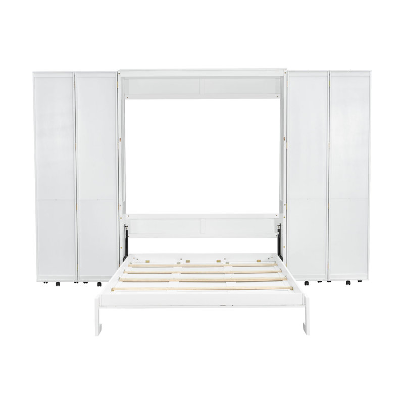 Grand lit escamotable mural avec portes de rangement, Blanc