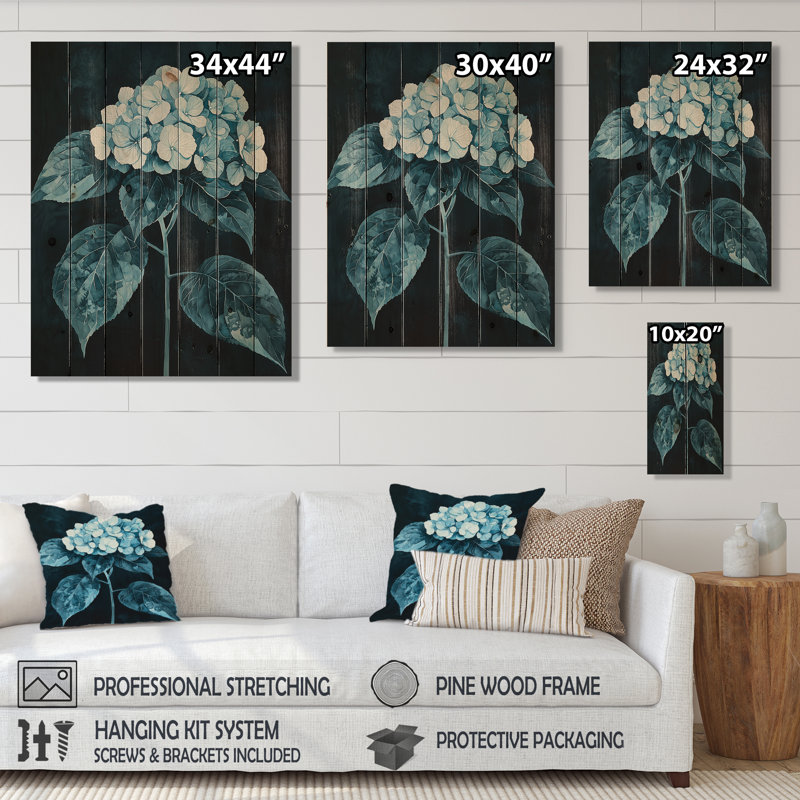 Hortensias monochromes dans l'ombre du jardin II - décoration murale en bois d'hortensias - sur bois de pin naturel