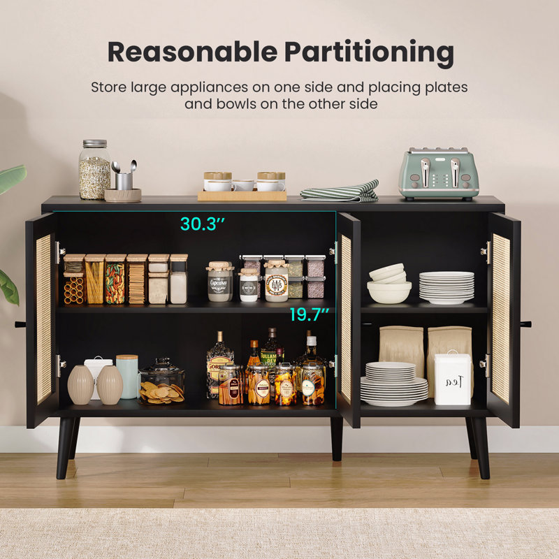 Buffet avec 3 portes en rotin et armoire de rangement moderne, H 27,6 po x l 15,5 po x P 15,5 po, Noir
