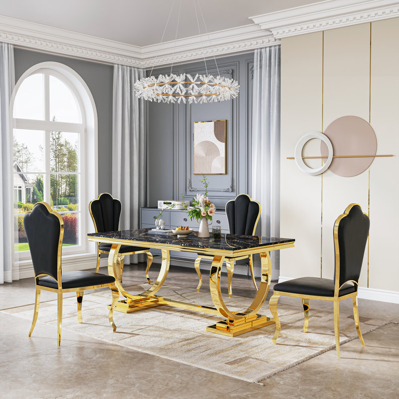 U-Shape Pedestal Dining Set, Faux Marble Tabletop and Petal-Shaped  PU Upholstered Chairs, Black/Gold, Gold/Black