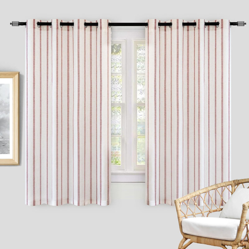 Blackout Curtain Pair, Red Stripe/Light Linen, 52" W x 54" L