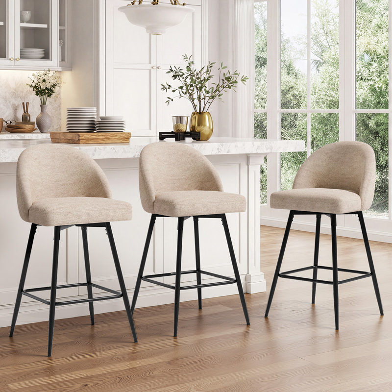 Swivel Bar Stools Set Of 3, Counter Height Bar Stools With Back & Metal Legs-Linen, Tan/Chenille