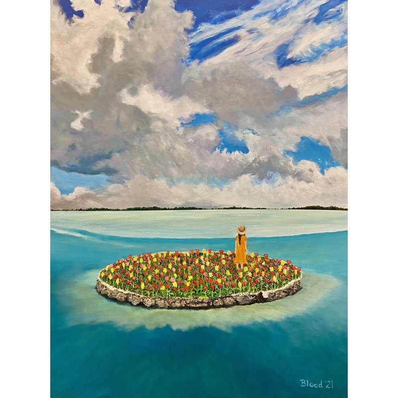 Tulip Island par Tom Blood, H 33 po x l 25 po, Toile avec cadre noir