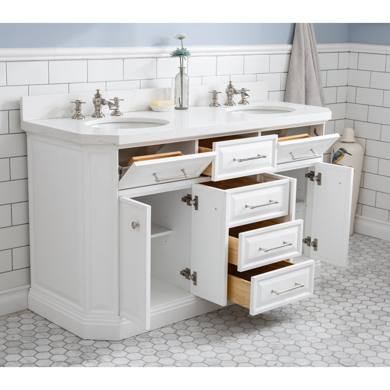 Bruning 60" Carrara Engineered Marble Countertop Bath Vanity with Faucet, Pure White, Polished Nickel Deck Mount