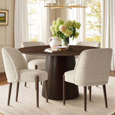 4 - Person Dining Table Sets With 52'' Solid Wood Round Table & 4 Upholstered Linen Chairs