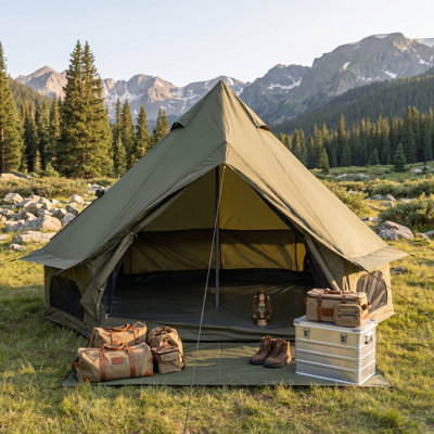 Tente cloche 4 saisons 9,8 pi avec prise de poêle, tissu Oxford 210D, plancher en PVC imperméable, ventilation à 360 °, pour camping familial, glamping, camping d'hiver