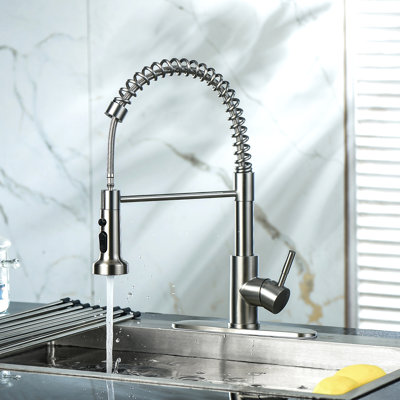 Abuzer Kitchen Faucet In Brushed Nickel, Built With Stainless Steel. Pull-Down Spray Head Multiple Cleaning Options. 360 Swivel Spout For Optimal Reach. Diy Installation Components Included. Tarnish And