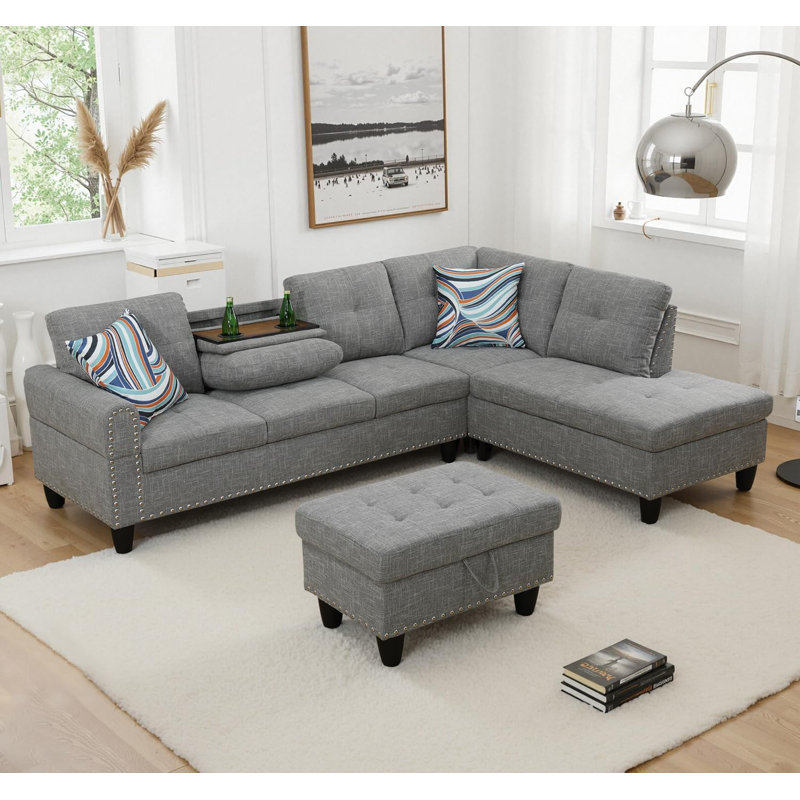 Canapé modulaire 3 pièces, Lin gris brun, Orienté à droite