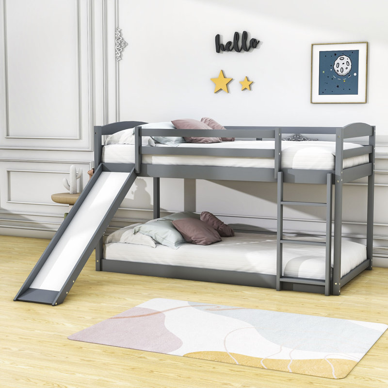 Lit superposé simple en bois avec glissière et échelle, gris