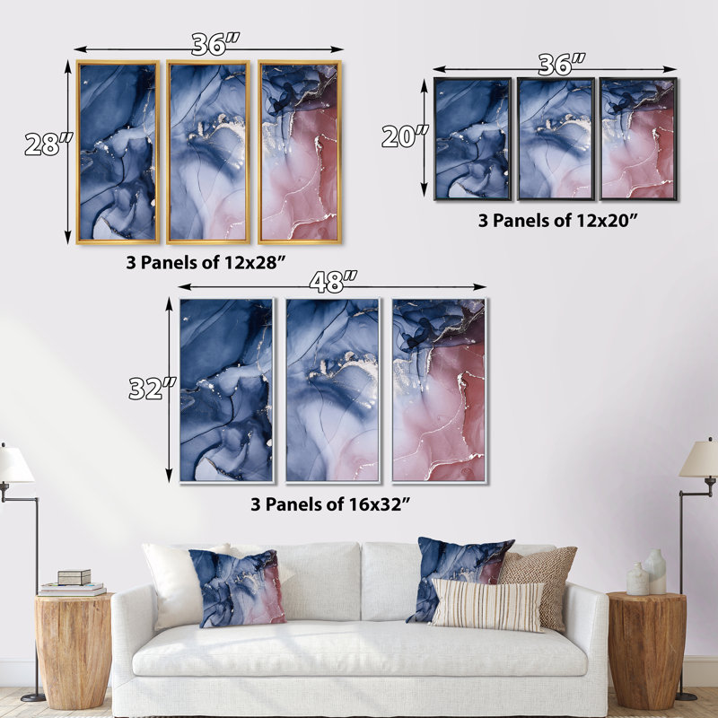 «Blue and Pink Marble Ink Clouds V», ensemble de 3 impressions sur toile à cadre flottant, H 20 po x l 36 po x P 1 po