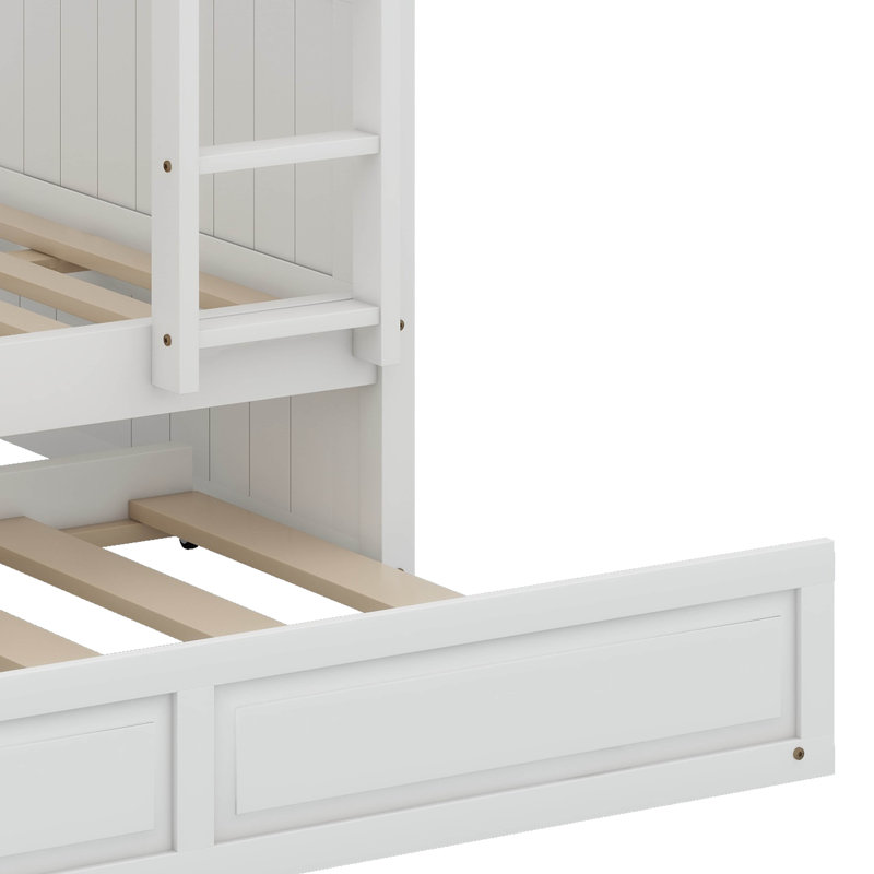 Lit superposé double au-dessus de double avec lit gigogne, lit superposé en bois de pin avec garde-corps, Blanc