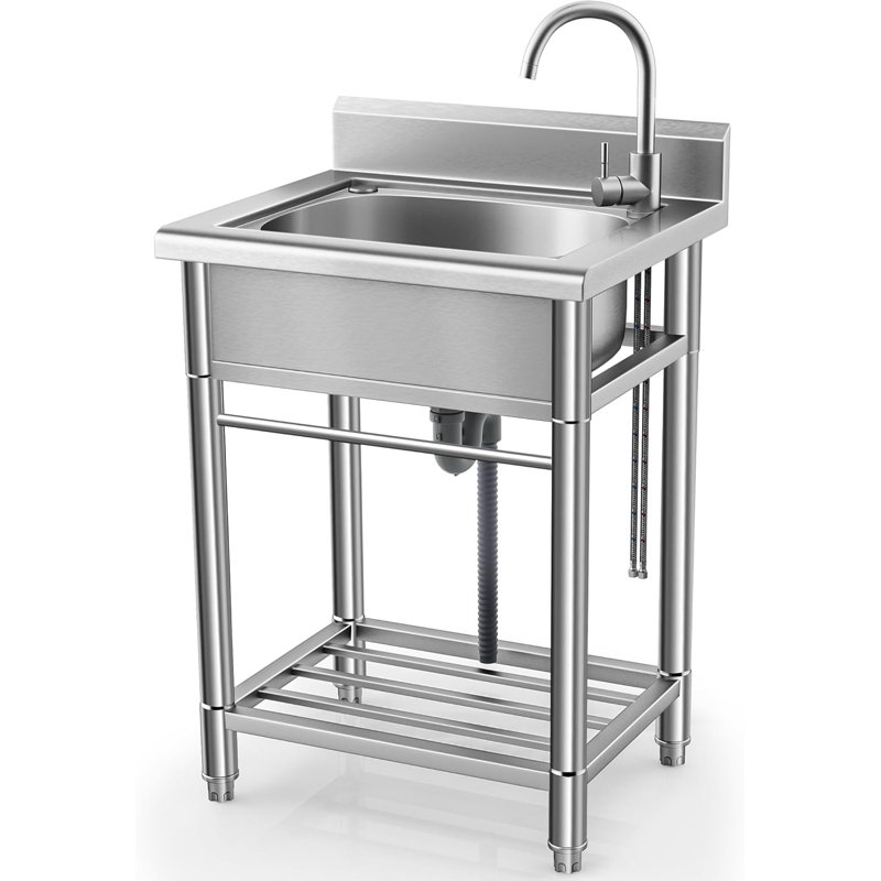 Utility Sink Free Standing Single Bowl Kitchen Sink with Cold and Hot Water Pipe Stainless Steel Sink for Laundry Room Bathroom