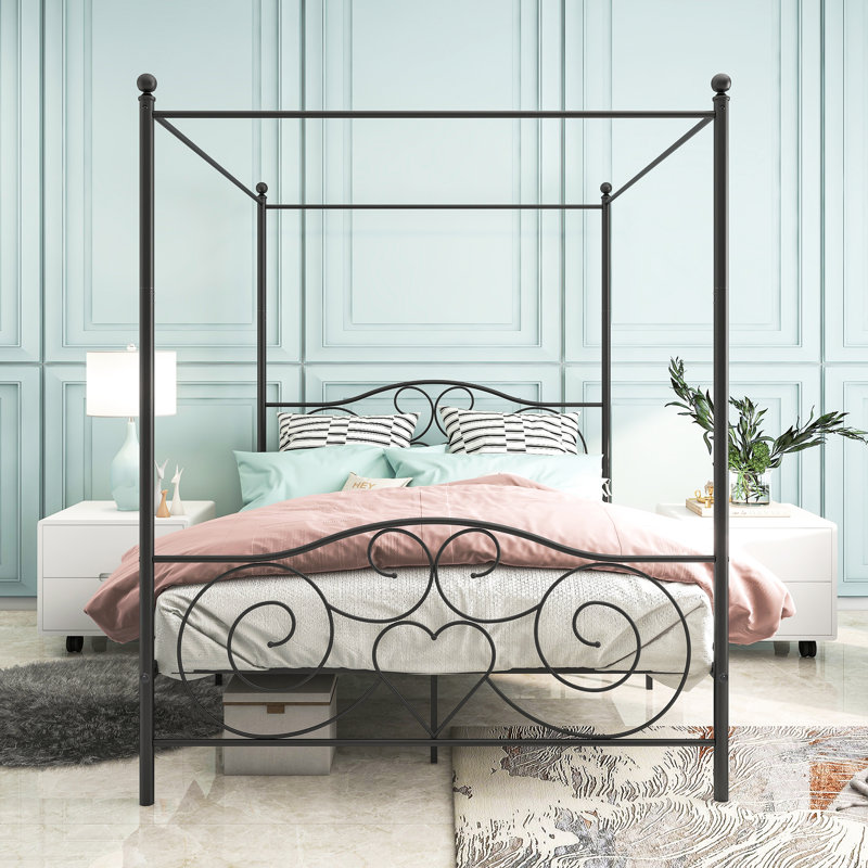 Structure de lit à baldaquin en métal pour grand lit - résistance renforcée, design rétro, tête de lit style noir, taille bruit, repose-pieds, espace de rangement,