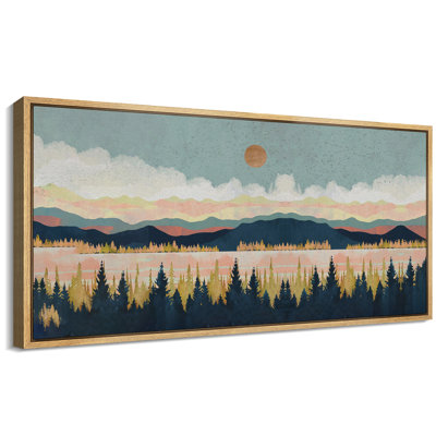«Pastel Gradient Mountain Lake with Lush Forest», reproduction d'art sur toile encadrée