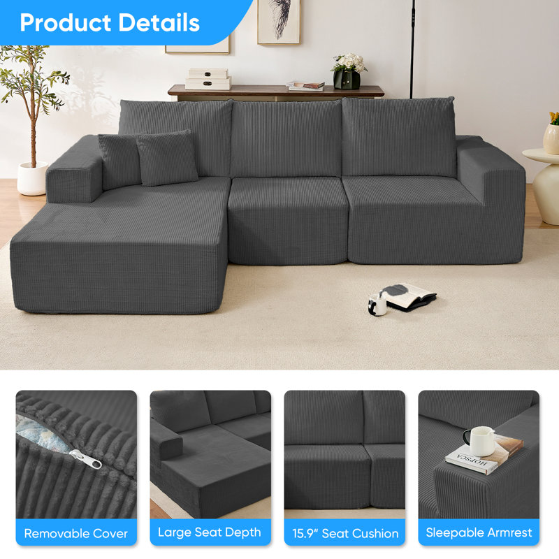 Canapé modulaire en velours côtelé 109 pièces 3 pièces 109 po, Grey
