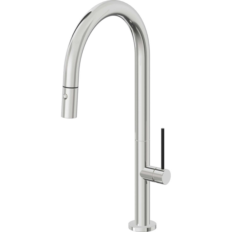 Pull-Down Kitchen Faucet With Button Sprayer - High Arc Spout, Black Stick, Polished Chrome