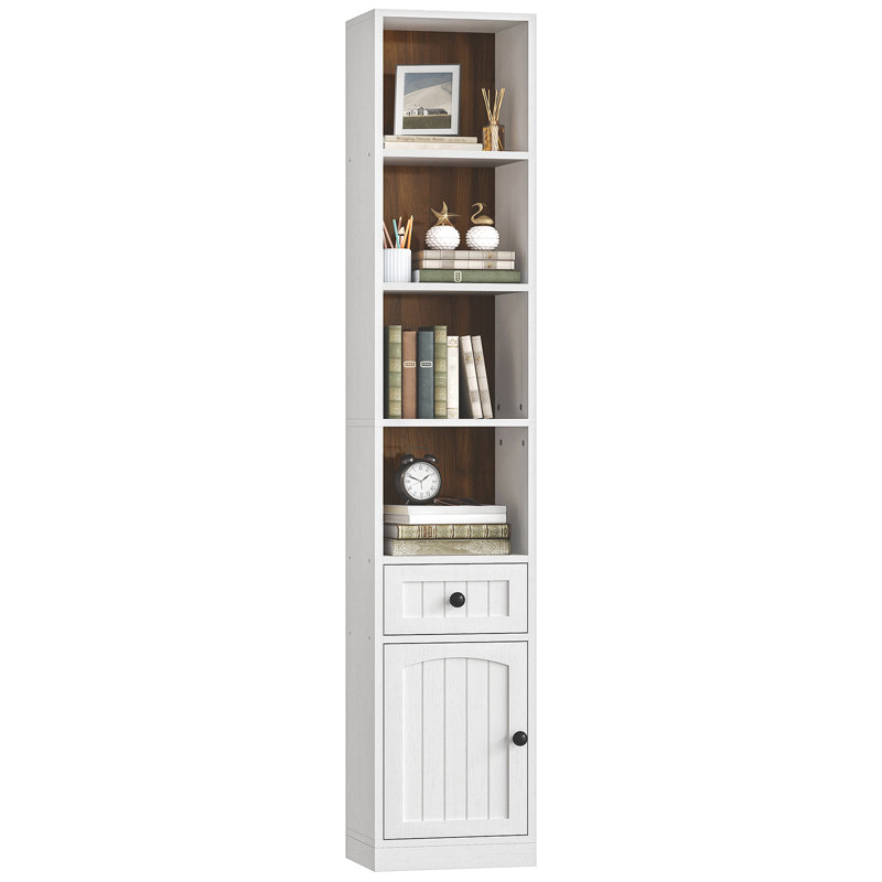 Étagère ouverte à 4 niveaux avec 1 tiroir et 1 armoire, bibliothèque étroite autoportante