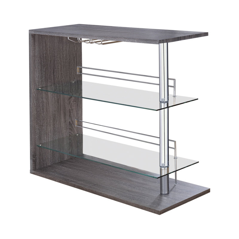 Weathered Gray and Chrome Rectangular Bar Unit with Glass Shelves