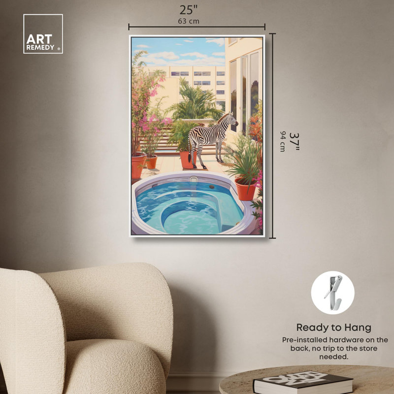 Art mural sur toile Zebra Hottub, Cadre blanc, H 31 po x l 21 po
