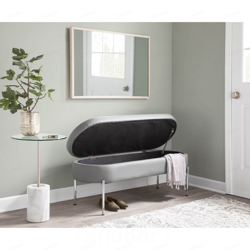 Banc de rangement contemporain en métal chromé et similicuir, Gris