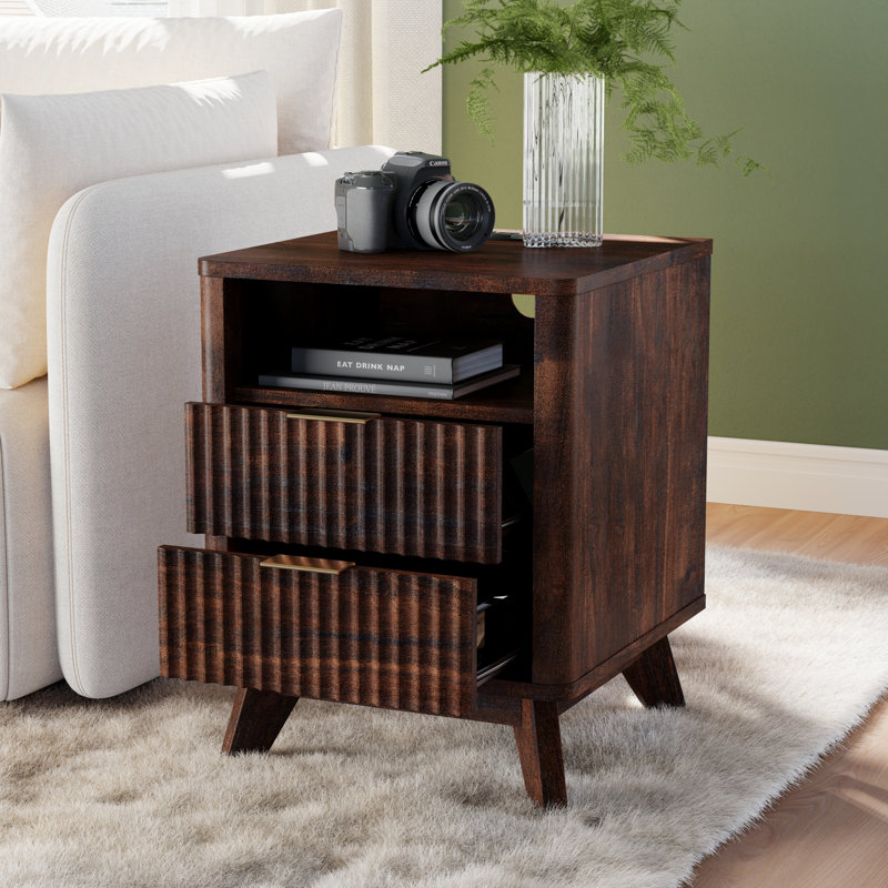 18" Nightstand With Charging Station & Faux Marble Top, Dark Walnut