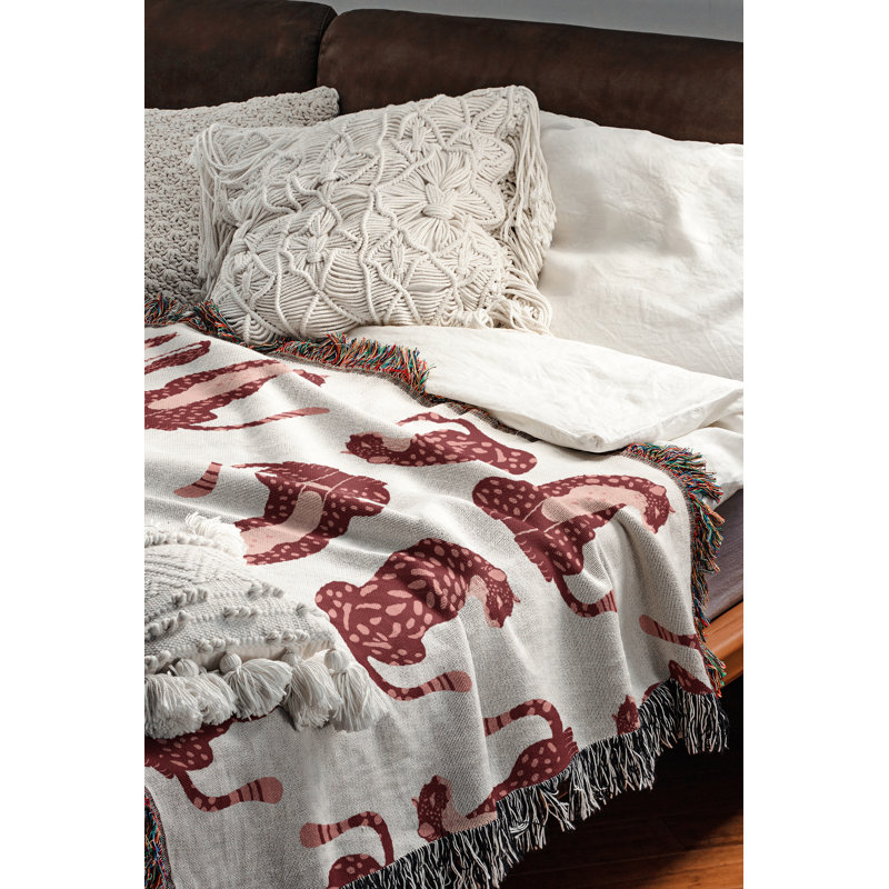 Jeté en mélange de coton Ren Leopard, L 70 po x l 50 po, Rouge / rose / blanc cassé