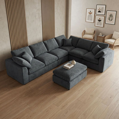 7-Seater Modular L-Shaped Sectional Sofa with Movable Ottoman, Removable Cushions for Living Room or Office