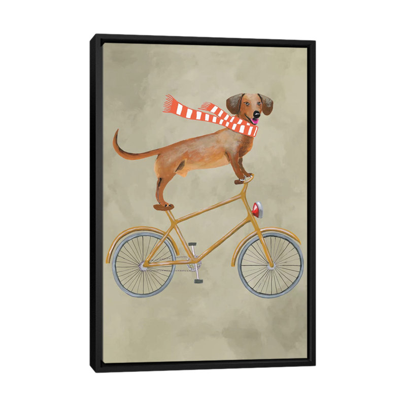 « teckel on bicycle ii », reproduction d’art sur toile, H 26 po x l 18 po x P 1,5 po, Toile avec cadre noir, Pas de tapis