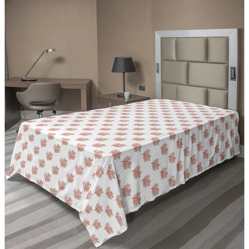 Drap plat moderne de style bohème Ambesonne, Drap plat pour lit simple, Saumon foncé / rosé / motif floral blanc