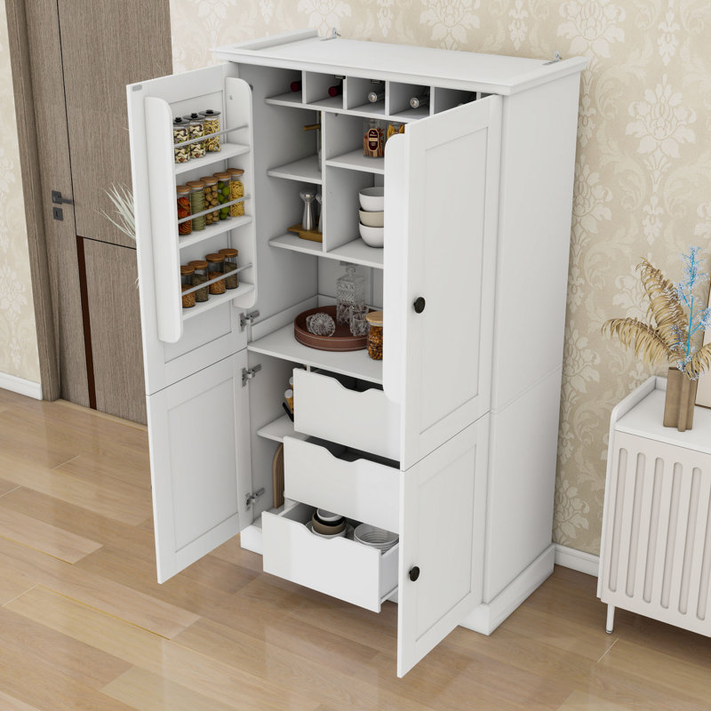 Armoire de cuisine avec poste de travail, 4 portes, 3 tiroirs, 6 supports à vin et tablettes réglables, White
